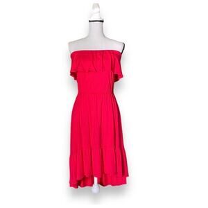 Three Dots Strapless Ruffled Hi Low Dress Sz S Red Stretch Cotton Jersey